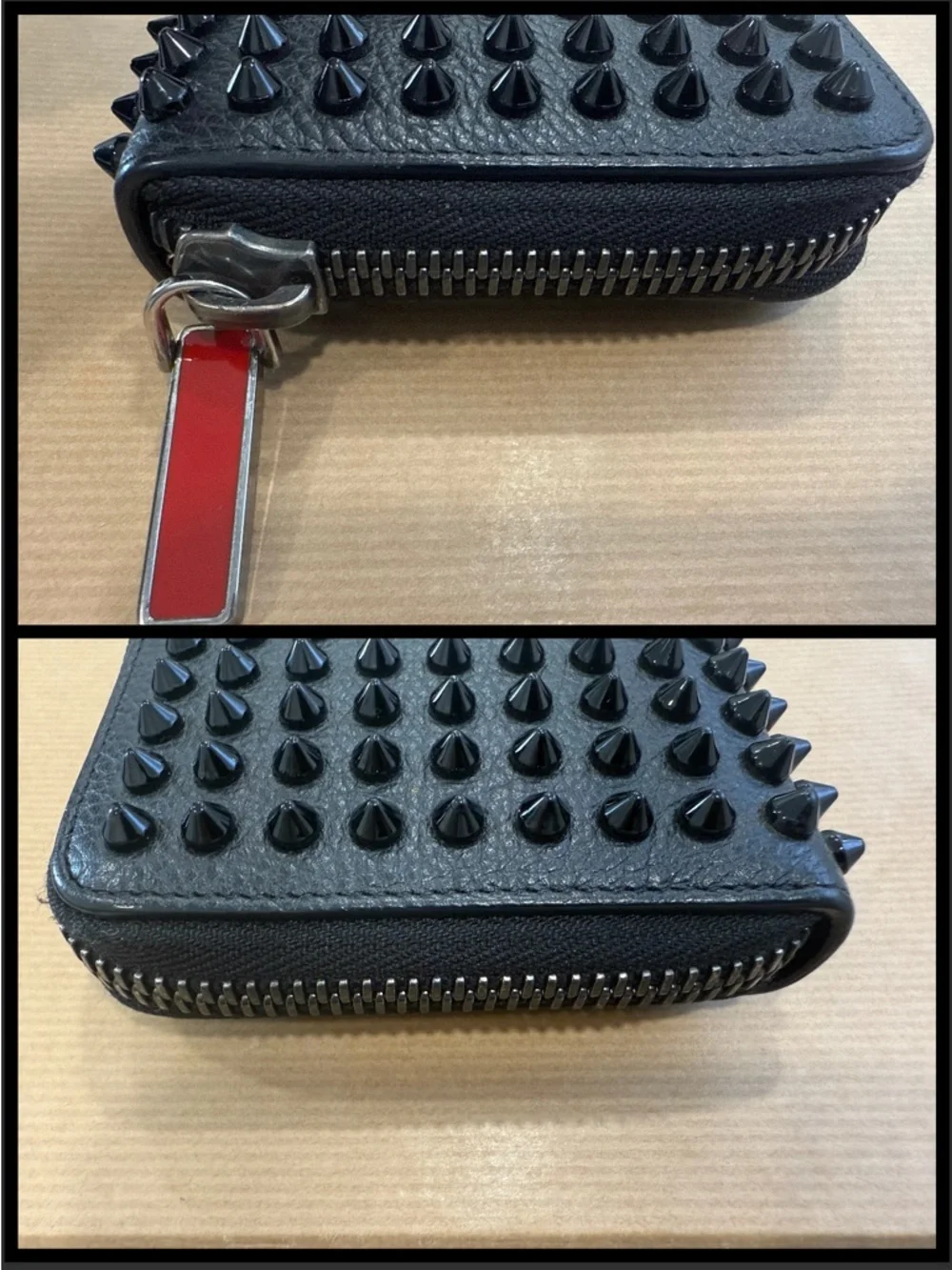 Christian Louboutin Panettone Spiked Zip Wallet Black Leather Red Sole Authentic